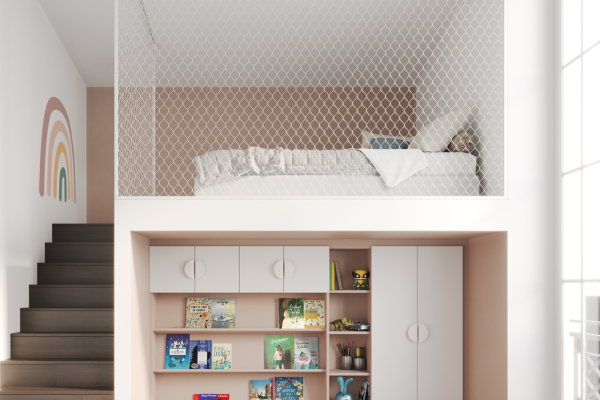 Rangement sur mesure avec bibliothèque pour enfant, décors beige rosé et blanc